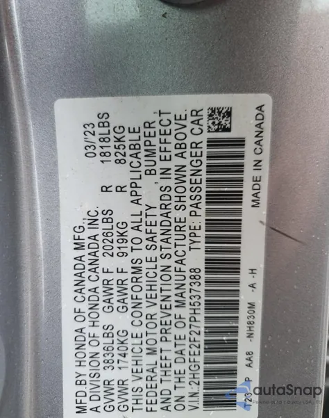2023 Honda Civic Lx from USA, damaged, VIN 2HGFE2F27PH537388